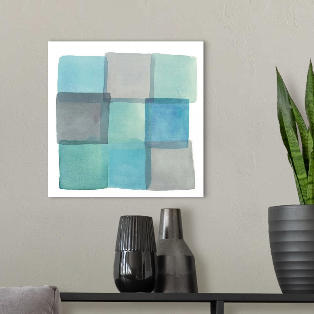 A modern room featuring Contemporary watercolor abstract of squares in pale colors against a white background.