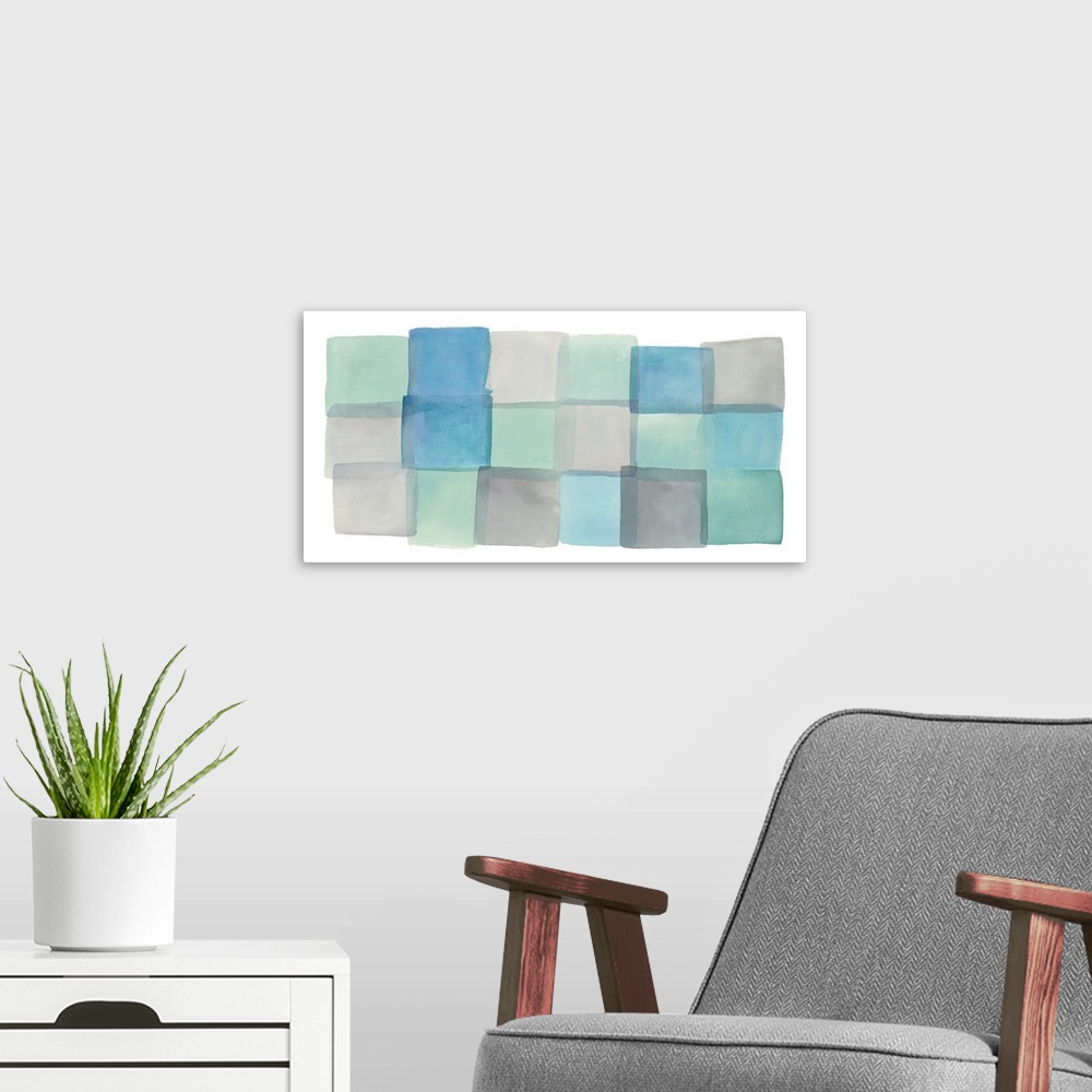 A modern room featuring Pastel watercolor painting of squares in blue and teal shades.