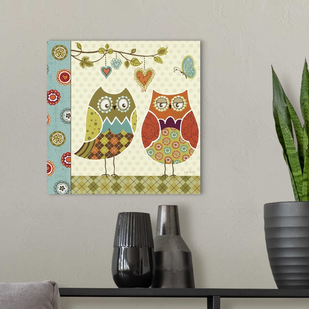 A modern room featuring Docor perfect for the home of two owls that have different patterns pieced together to create the...