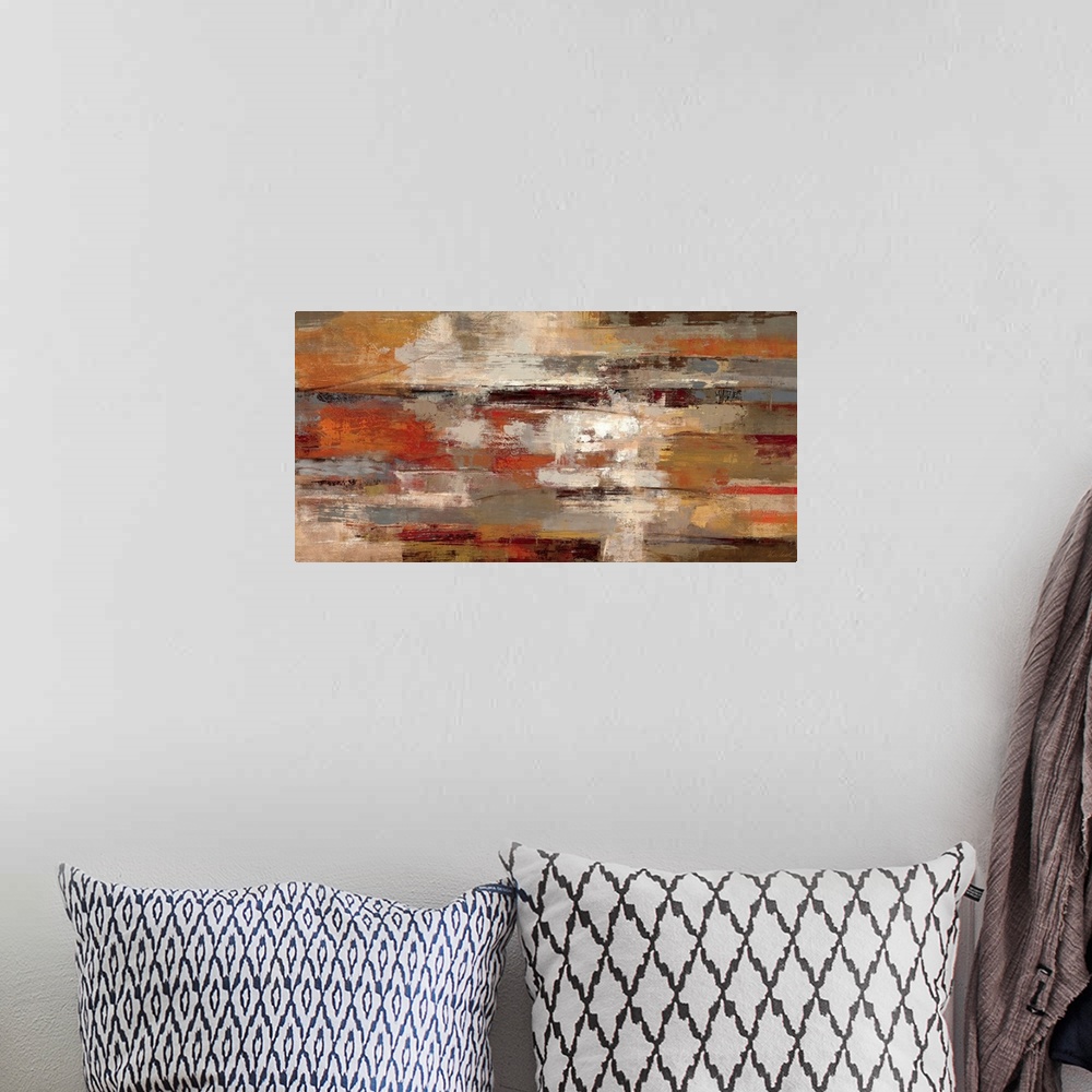A bohemian room featuring This horizontal abstract painting has a strong sense of motion from left to right and a rusty, ea...
