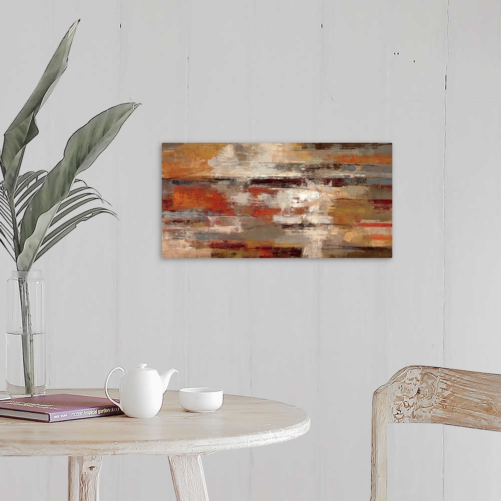 A farmhouse room featuring This horizontal abstract painting has a strong sense of motion from left to right and a rusty, ea...