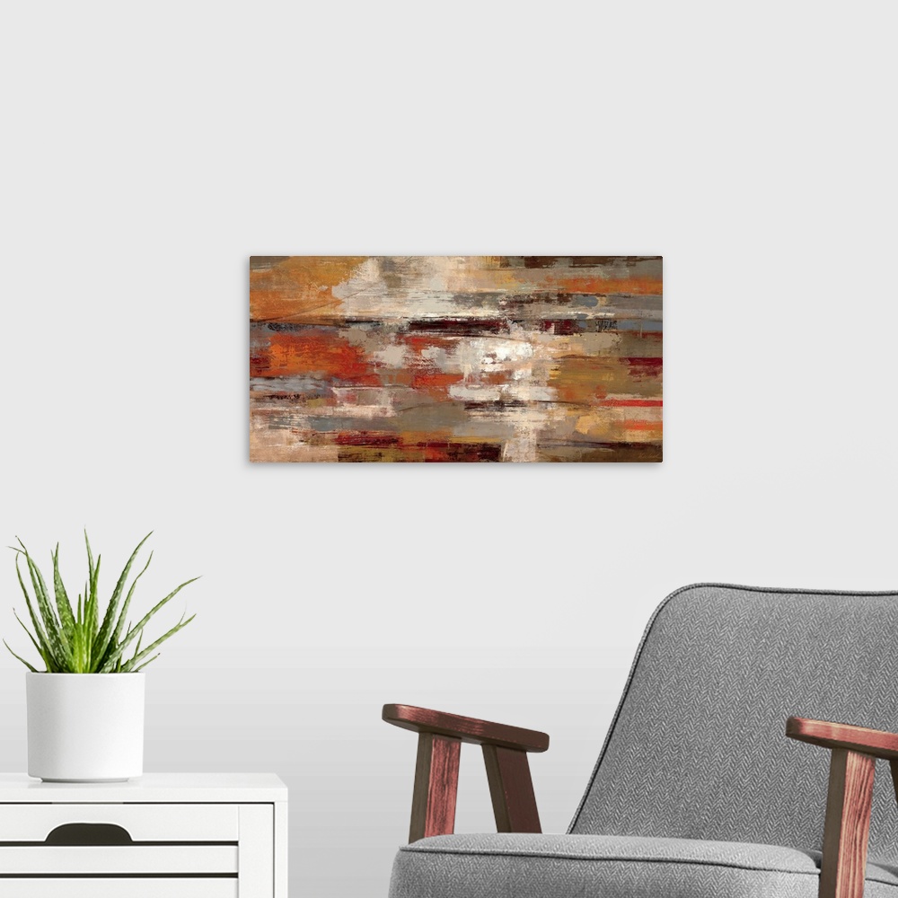A modern room featuring This horizontal abstract painting has a strong sense of motion from left to right and a rusty, ea...