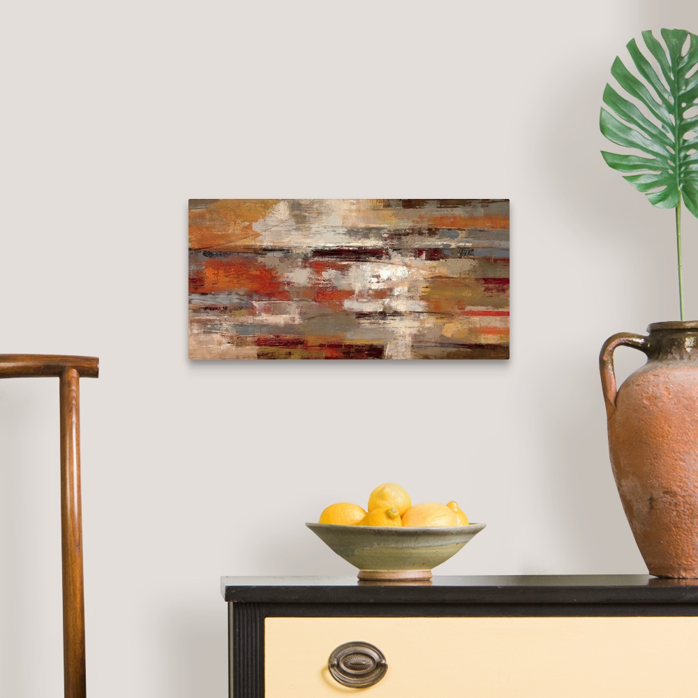 A traditional room featuring This horizontal abstract painting has a strong sense of motion from left to right and a rusty, ea...