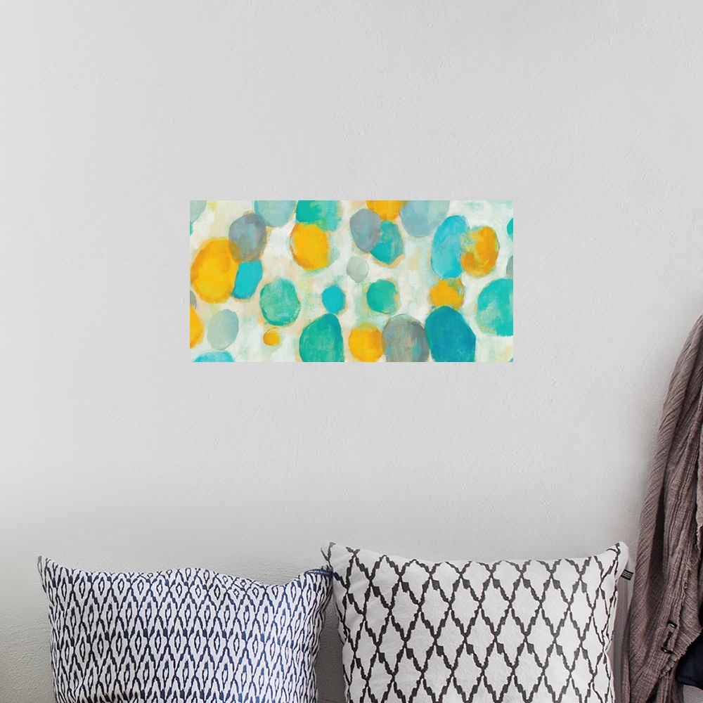 A bohemian room featuring Contemporary abstract painting using soft vibrant colors in organic shapes.