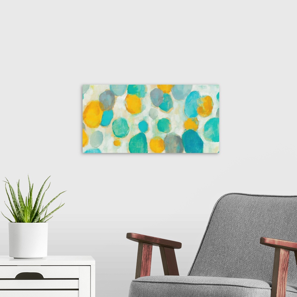 A modern room featuring Contemporary abstract painting using soft vibrant colors in organic shapes.