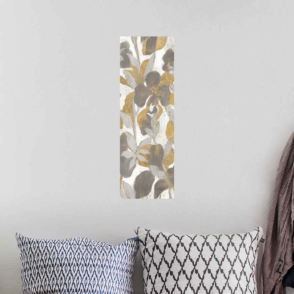 A bohemian room featuring Floral panel painting in gold, silver, gray, and white hues.