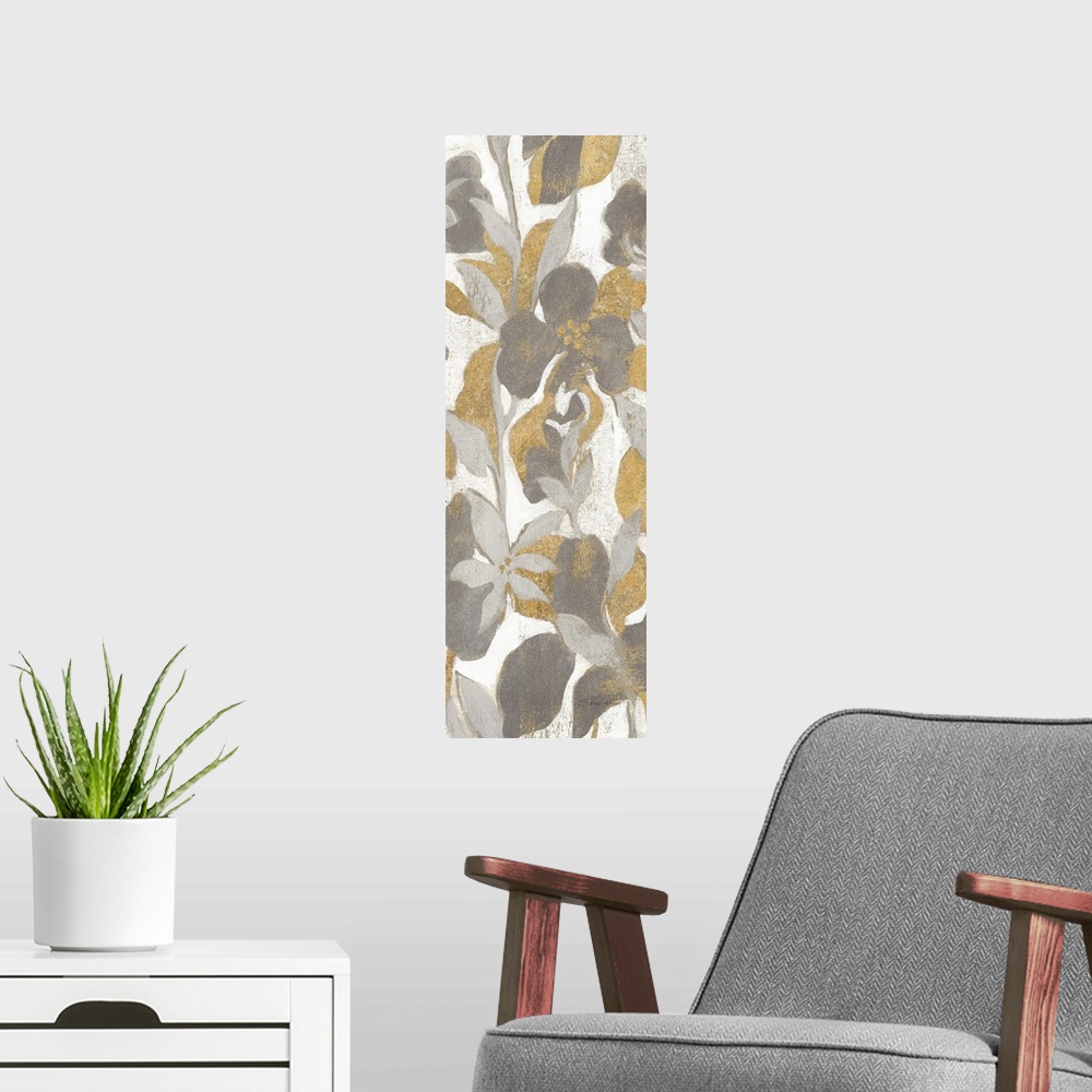 A modern room featuring Floral panel painting in gold, silver, gray, and white hues.