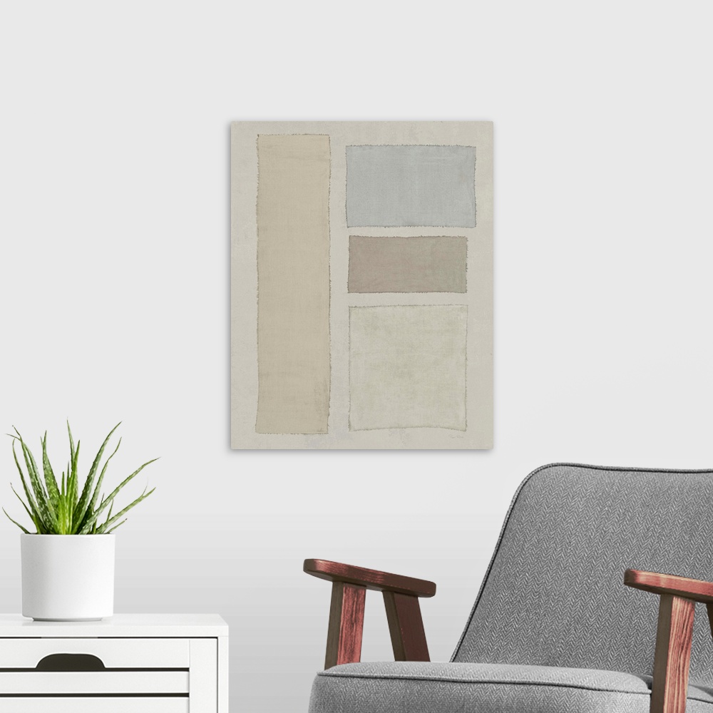 A modern room featuring Mixed media art with beige, brown, cream, and gray different sized rectangles placed neatly on a ...