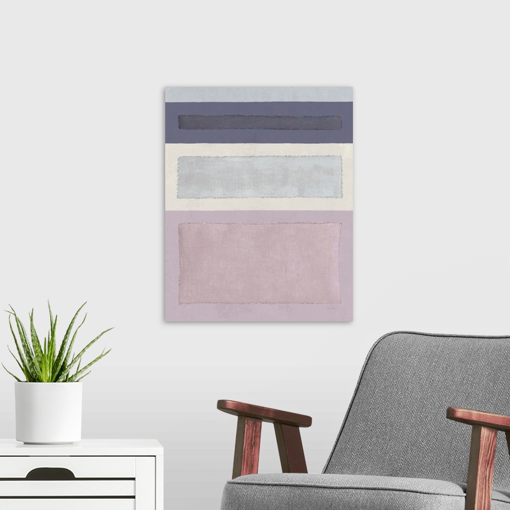 A modern room featuring Mixed media art with black, gray, and pink different sized linen rectangles stacked from thinnest...