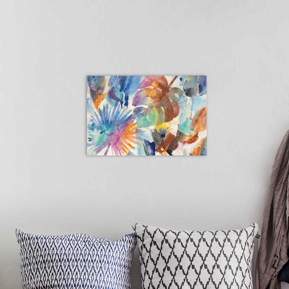A bohemian room featuring Colorful abstract painting with tropical palm leaves.