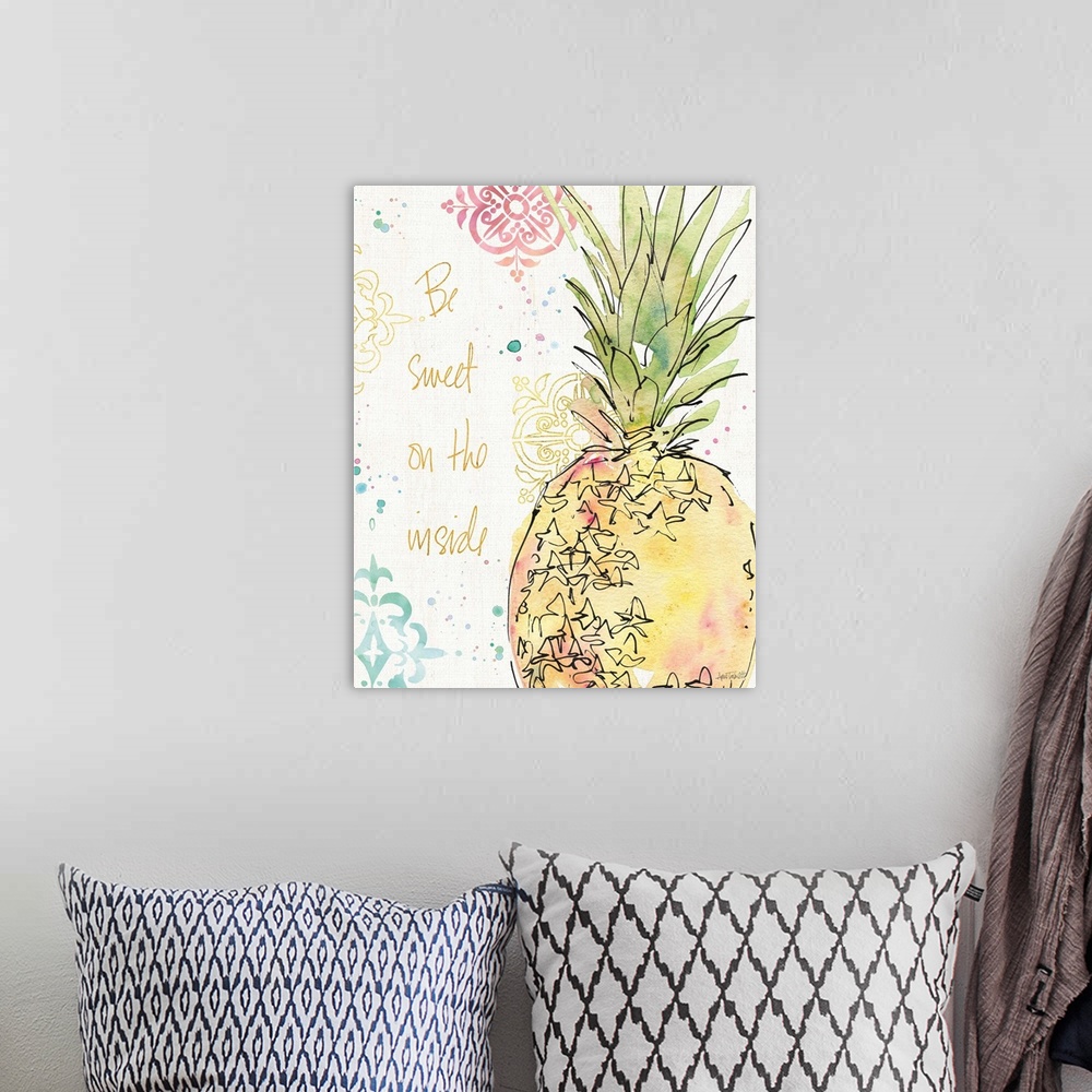 A bohemian room featuring "Be Sweet On the Inside" watercolor painting of a tropical pineapple with a colorfully designed b...