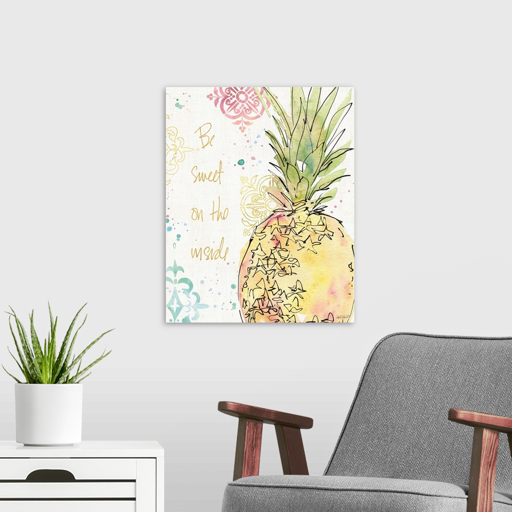 A modern room featuring "Be Sweet On the Inside" watercolor painting of a tropical pineapple with a colorfully designed b...