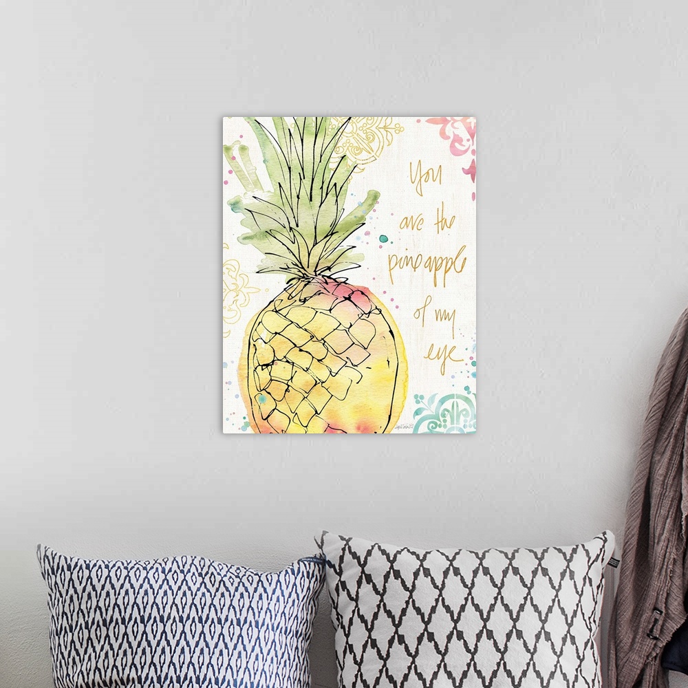 A bohemian room featuring "You Are the Pineapple of My Eye" watercolor painting of a tropical pineapple with a colorfully d...
