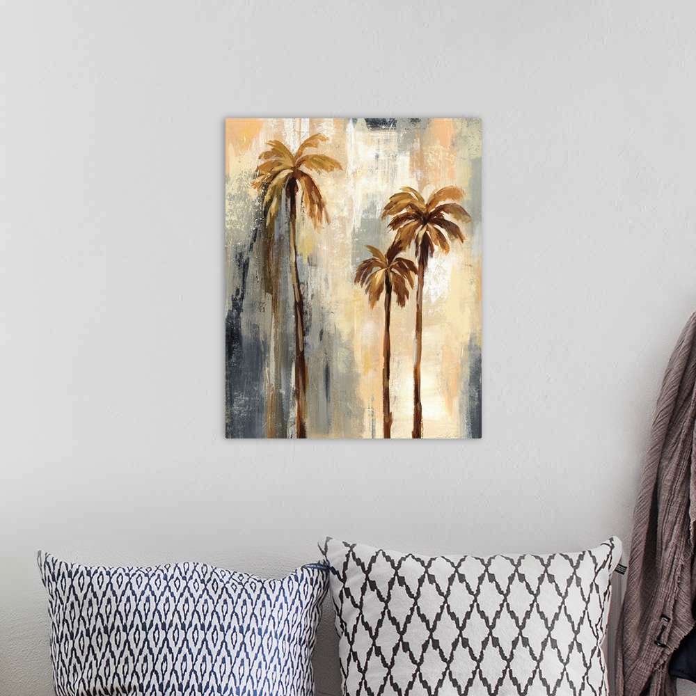A bohemian room featuring Abstract painting of neutral colored palm trees with a gray, black, yellow, and orange layered ba...