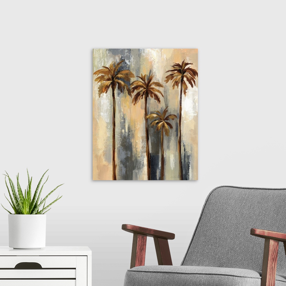 A modern room featuring Abstract painting of neutral colored palm trees with a gray, black, yellow, and orange layered ba...