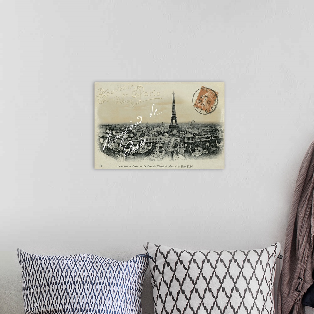 A bohemian room featuring Vintage souvenir postcard from France of the Eiffel Tower and surrounding Paris city.