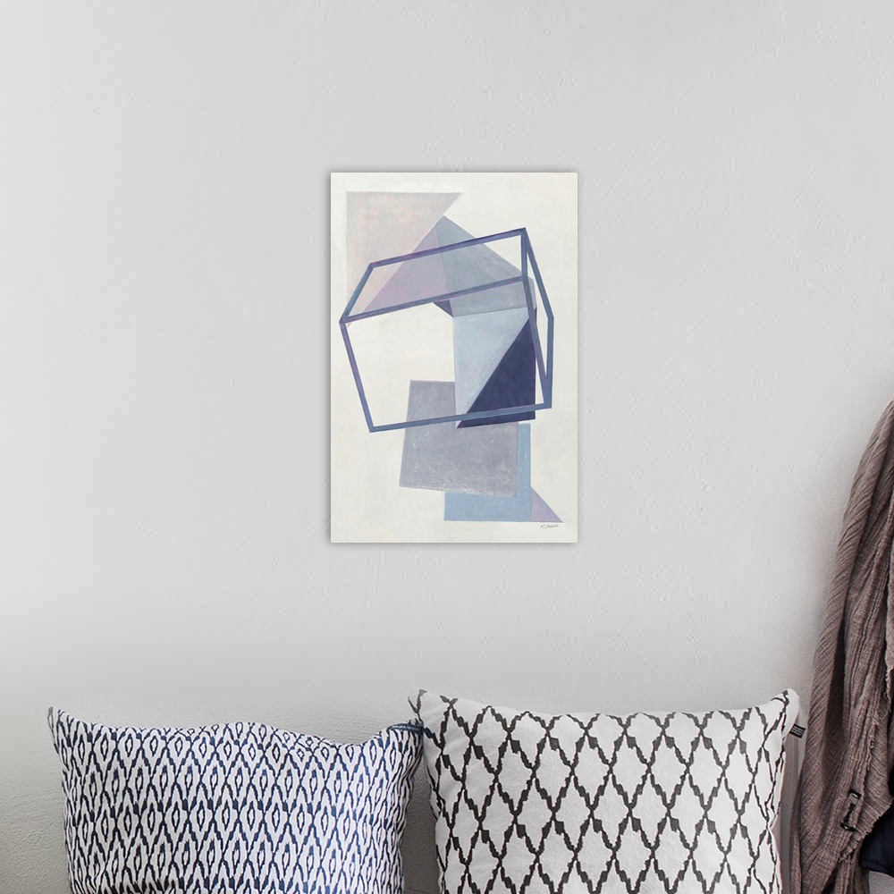 A bohemian room featuring Geometric abstract painting in shades of blue and gray with hints of purple and pink, on a white ...