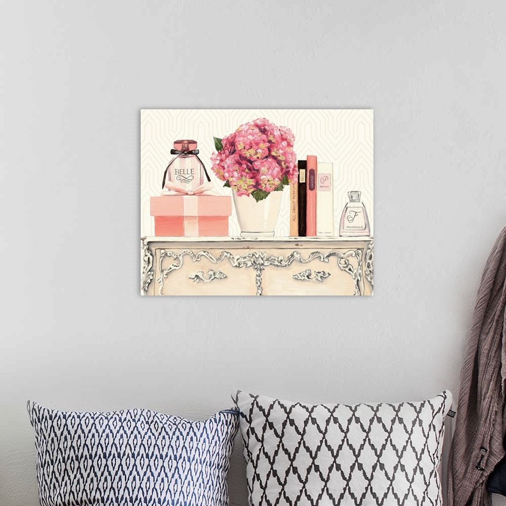 A bohemian room featuring Contemporary still life of pink flowers and perfume bottles sitting on a dresser.