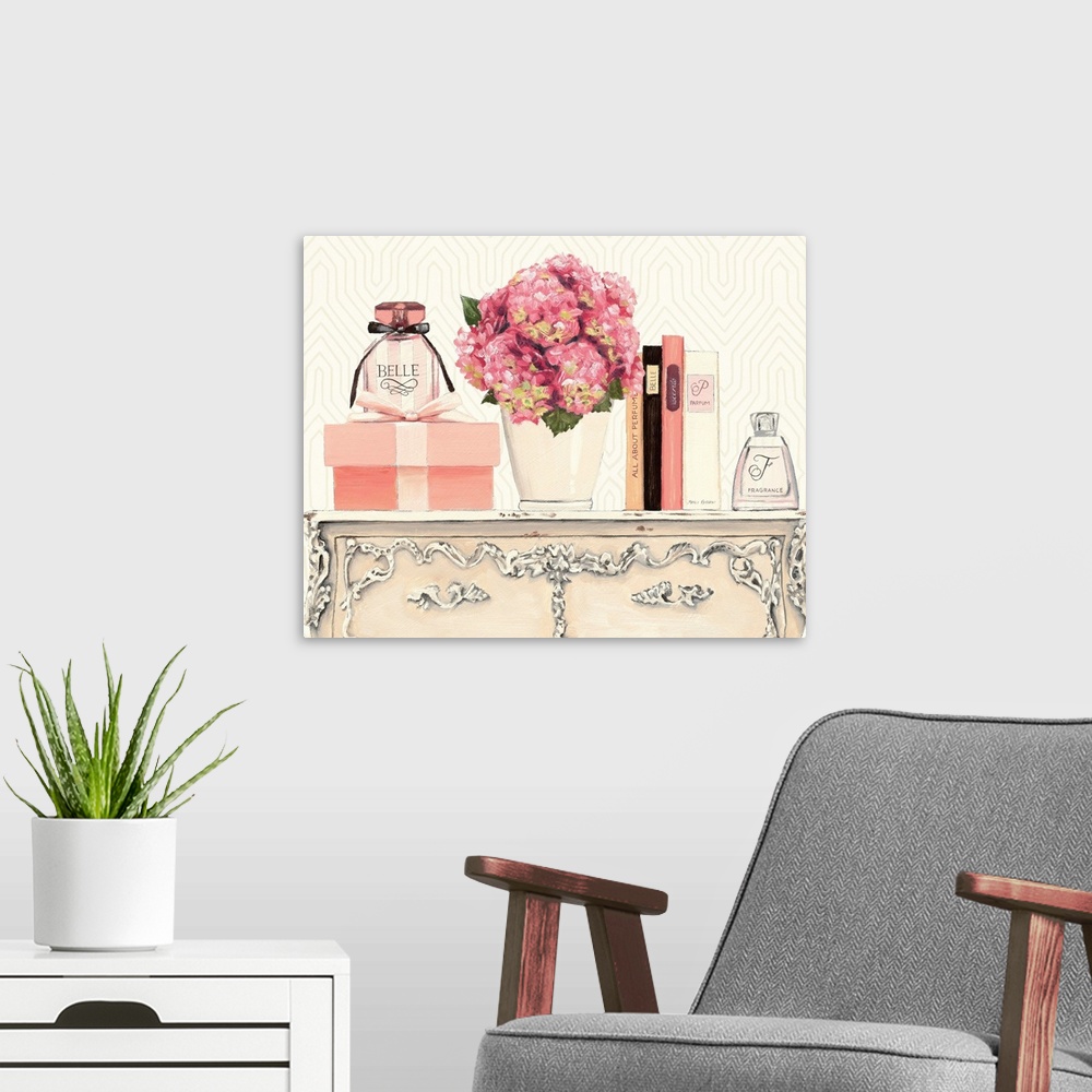 A modern room featuring Contemporary still life of pink flowers and perfume bottles sitting on a dresser.