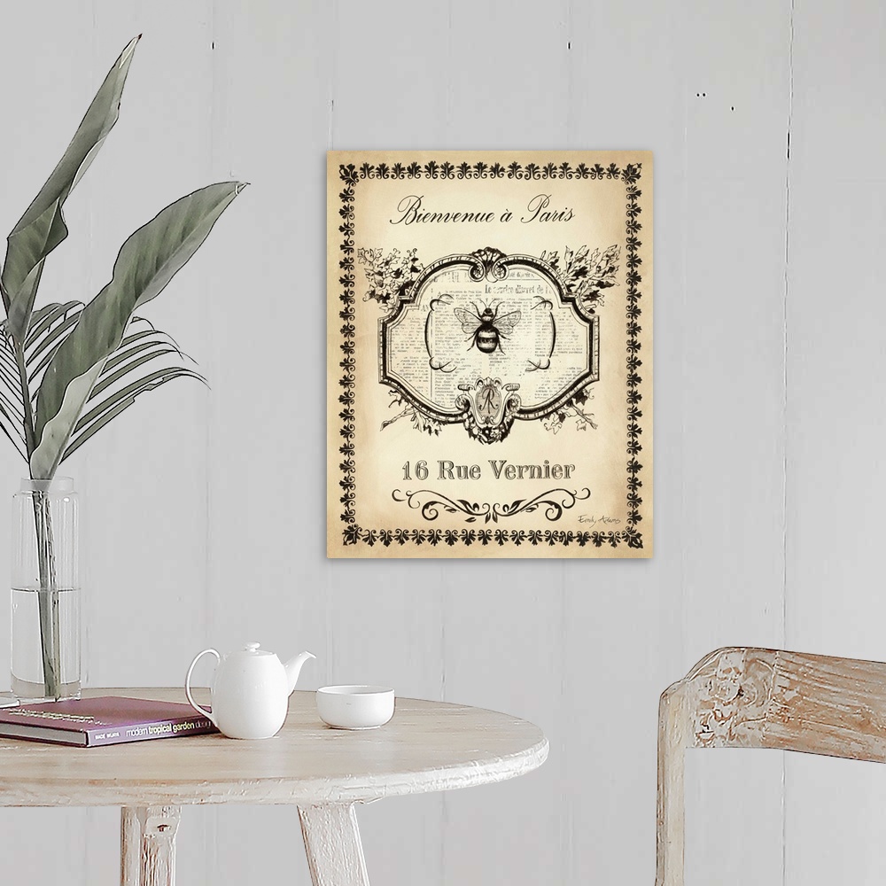 A farmhouse room featuring Contemporary artwork of an insect in the center of a decorative symbol.