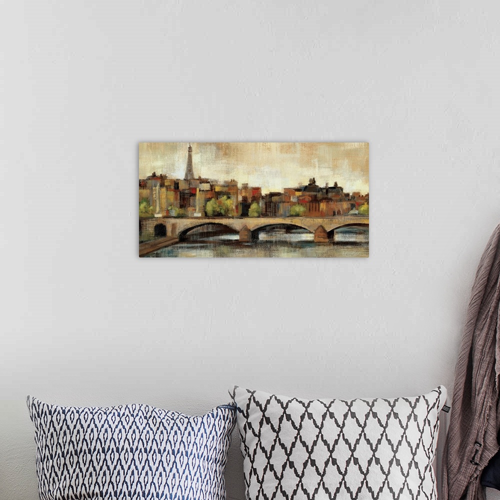 A bohemian room featuring Horizontal wall painting of New Bridge in Paris.  The Eiffel Tower and Paris skyline in the backg...