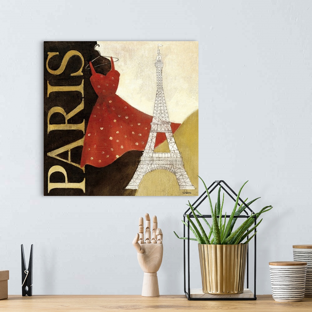 A bohemian room featuring Big square artwork of the word "PARIS" written vertically, a fashionable red dress hangs from the...