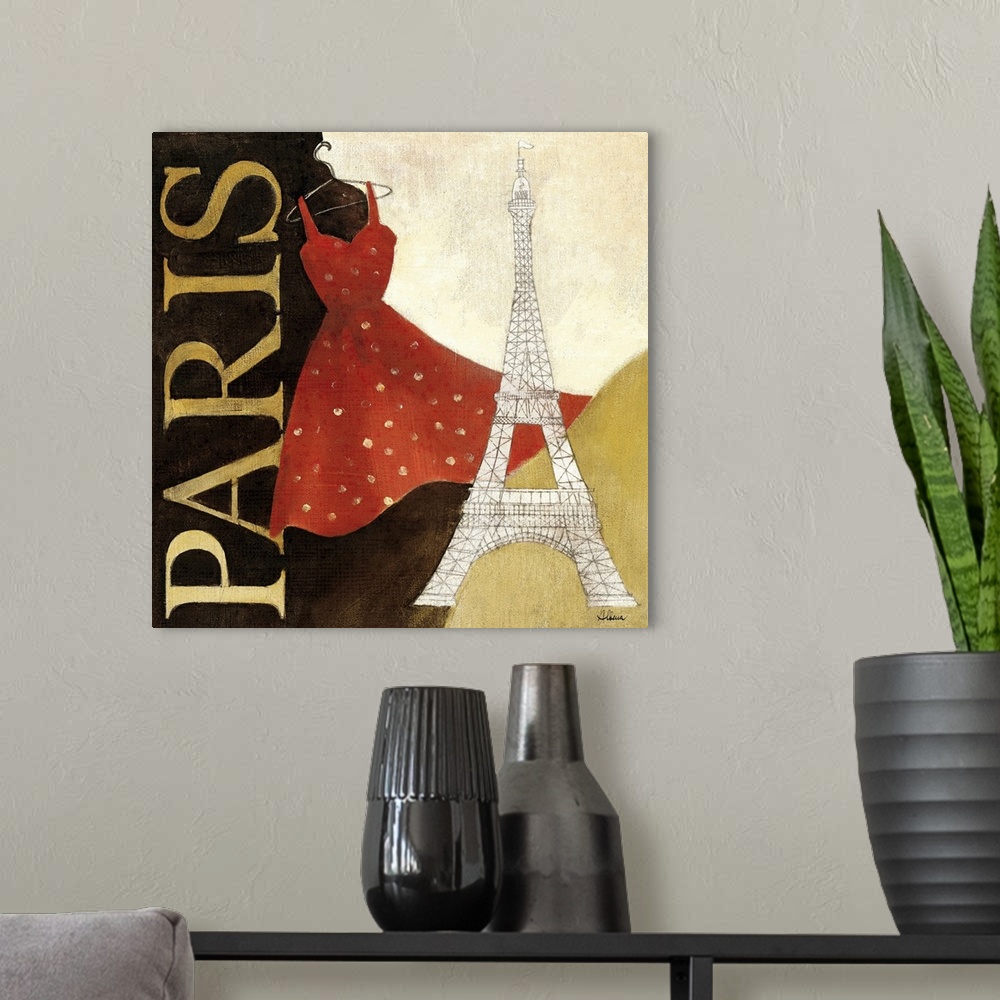 A modern room featuring Big square artwork of the word "PARIS" written vertically, a fashionable red dress hangs from the...