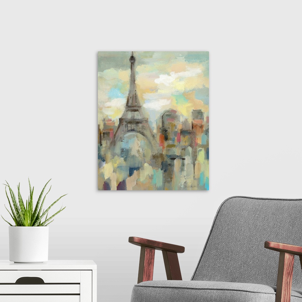 A modern room featuring Cityscape painting of Paris, France painted in an impressionistic style with the Eiffel Tower on ...