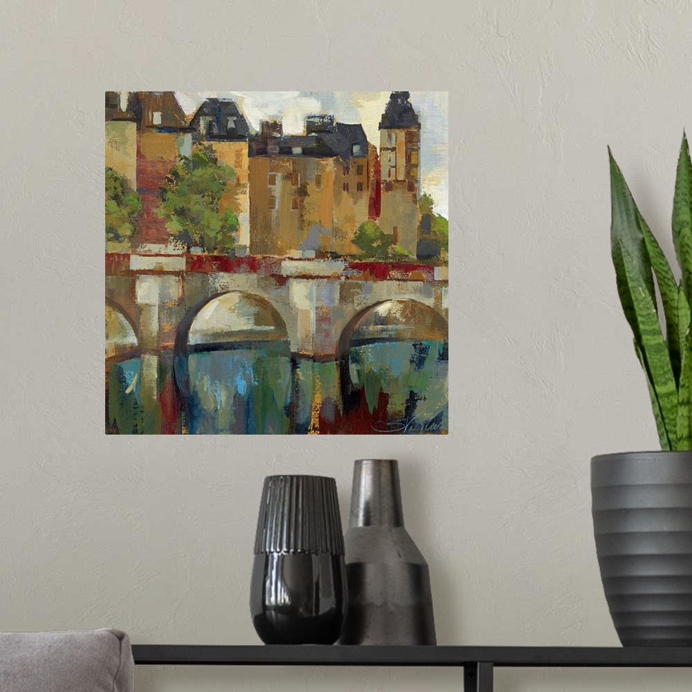 A modern room featuring Abstract painting of a bridge going in front of a town comprised of large brush strokes.