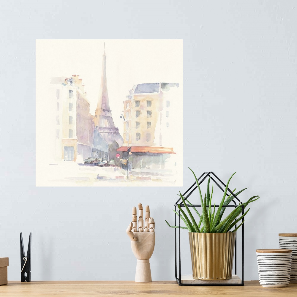 A bohemian room featuring Pastel watercolor painting of the Eiffel Tower seen from a street in Paris.