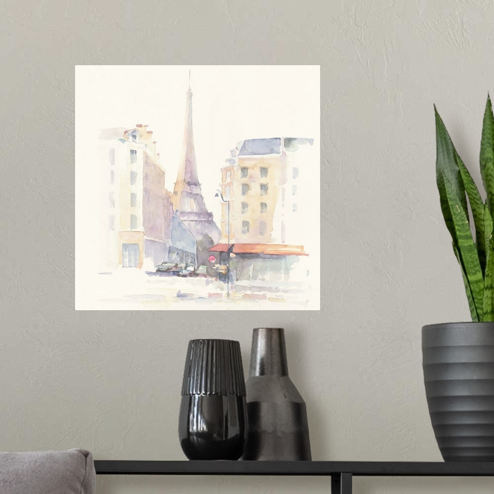 A modern room featuring Pastel watercolor painting of the Eiffel Tower seen from a street in Paris.