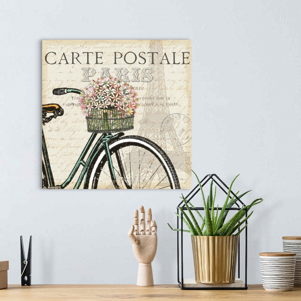 A bohemian room featuring Vintage image of a bicycle with a basket full of flowers on an antique Paris postcard.