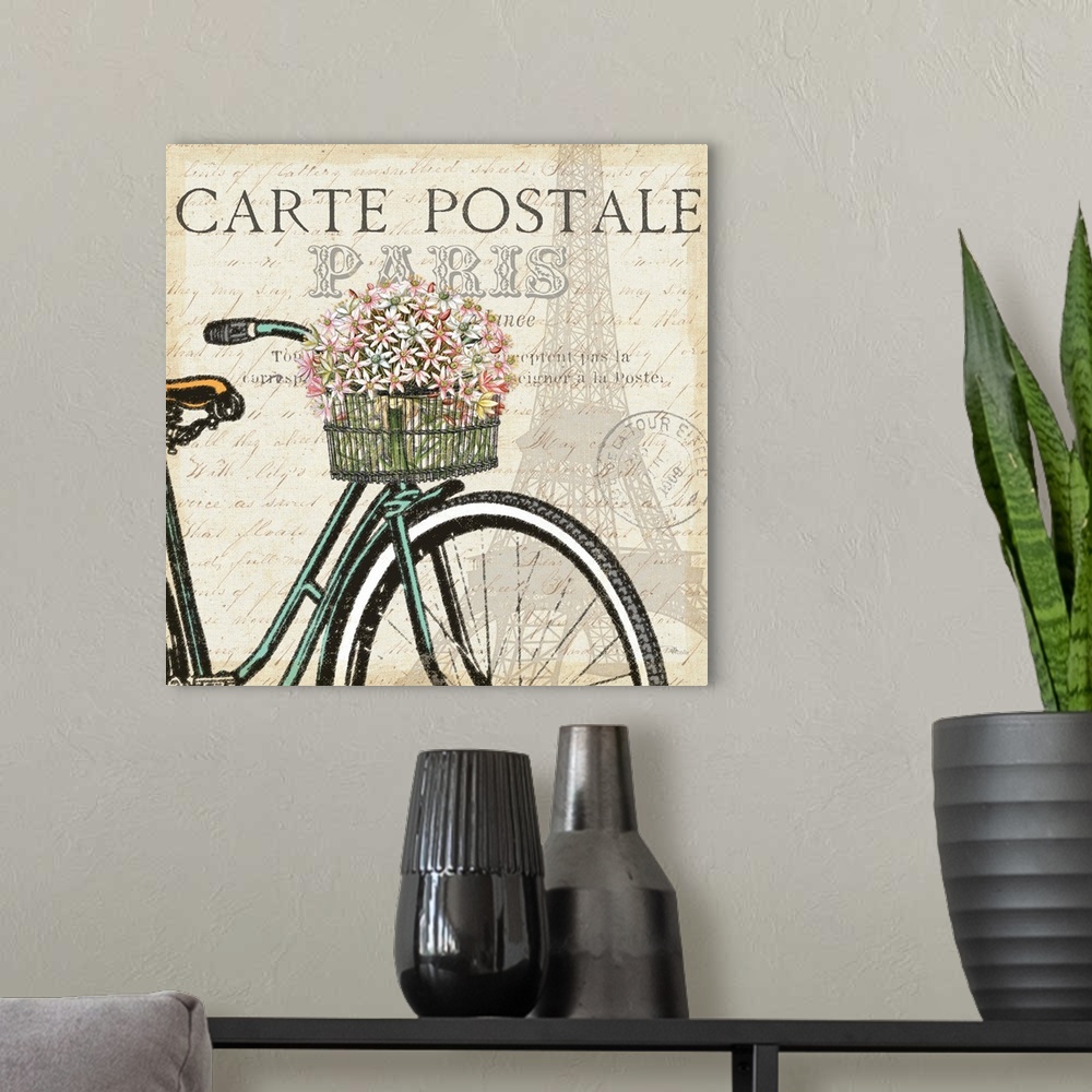 A modern room featuring Vintage image of a bicycle with a basket full of flowers on an antique Paris postcard.