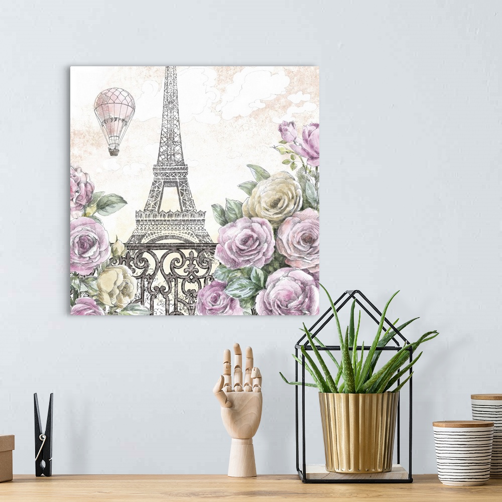 A bohemian room featuring Contemporary home decor artwork of the Eiffel Tower in a neutral pencil sketch-like style seen fr...