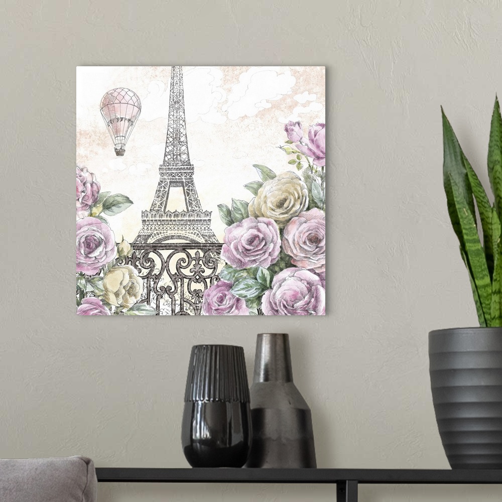 A modern room featuring Contemporary home decor artwork of the Eiffel Tower in a neutral pencil sketch-like style seen fr...
