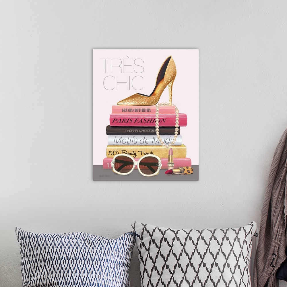 A bohemian room featuring Decorative chic artwork featuring feminine items stacked with the words, 'Tres Chic' in the top l...
