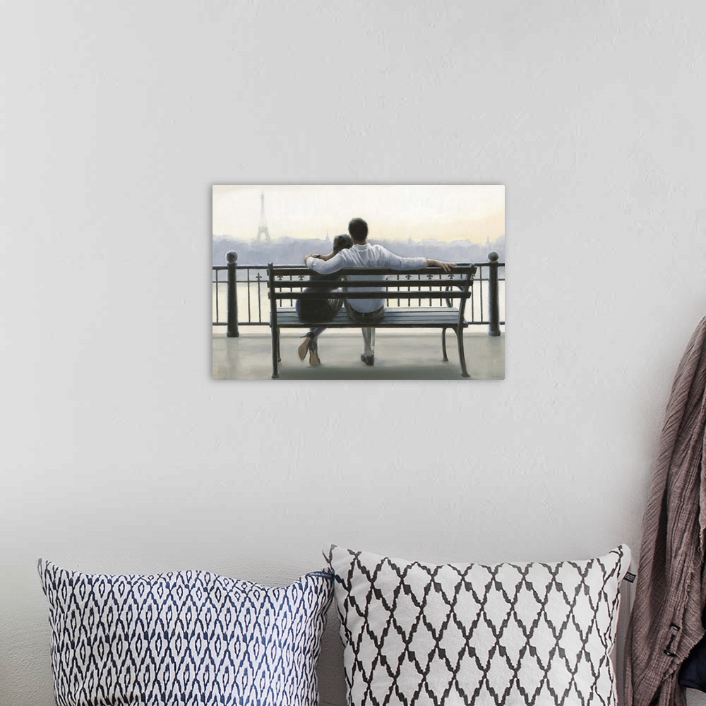 A bohemian room featuring Contemporary painting of a couple sitting on a park bench gazing at the Paris cityscape.