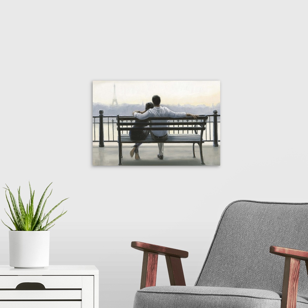 A modern room featuring Contemporary painting of a couple sitting on a park bench gazing at the Paris cityscape.
