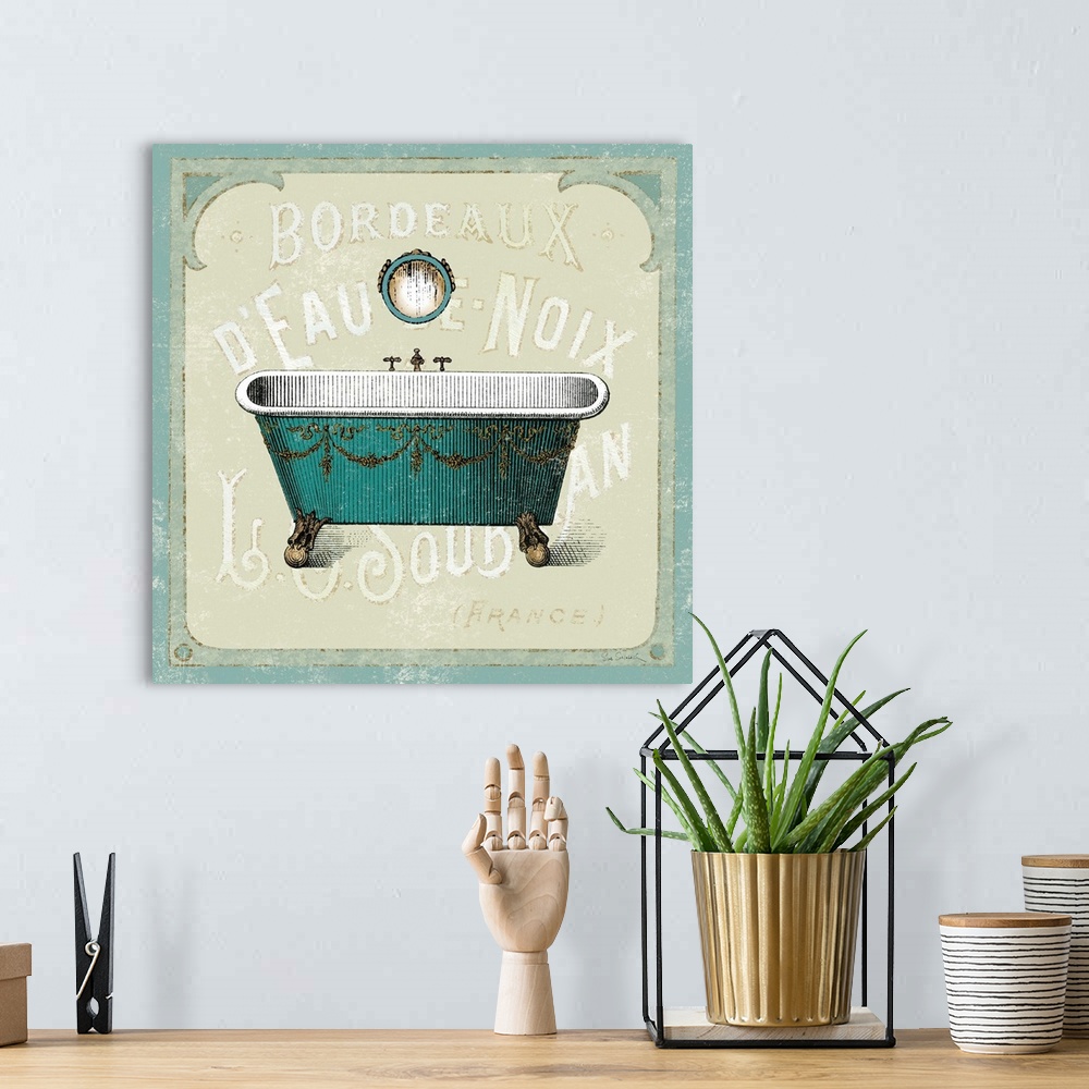 A bohemian room featuring Contemporary artwork of bathtub with decorative pattern on it, against a background with text.