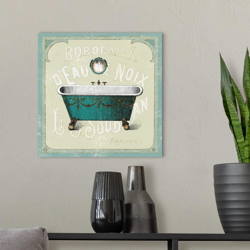 A modern room featuring Contemporary artwork of bathtub with decorative pattern on it, against a background with text.