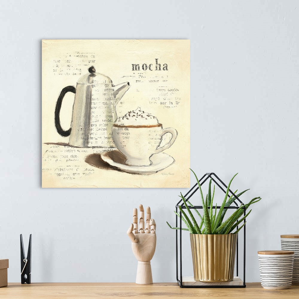A bohemian room featuring Square, large home art docor of cup of gourmet coffee with whipped cream on top, next to a metal ...