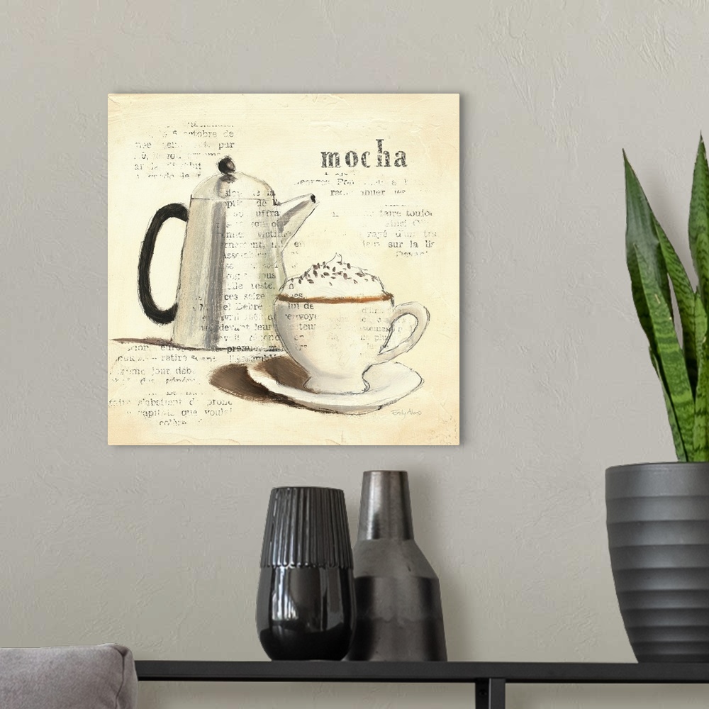 A modern room featuring Square, large home art docor of cup of gourmet coffee with whipped cream on top, next to a metal ...