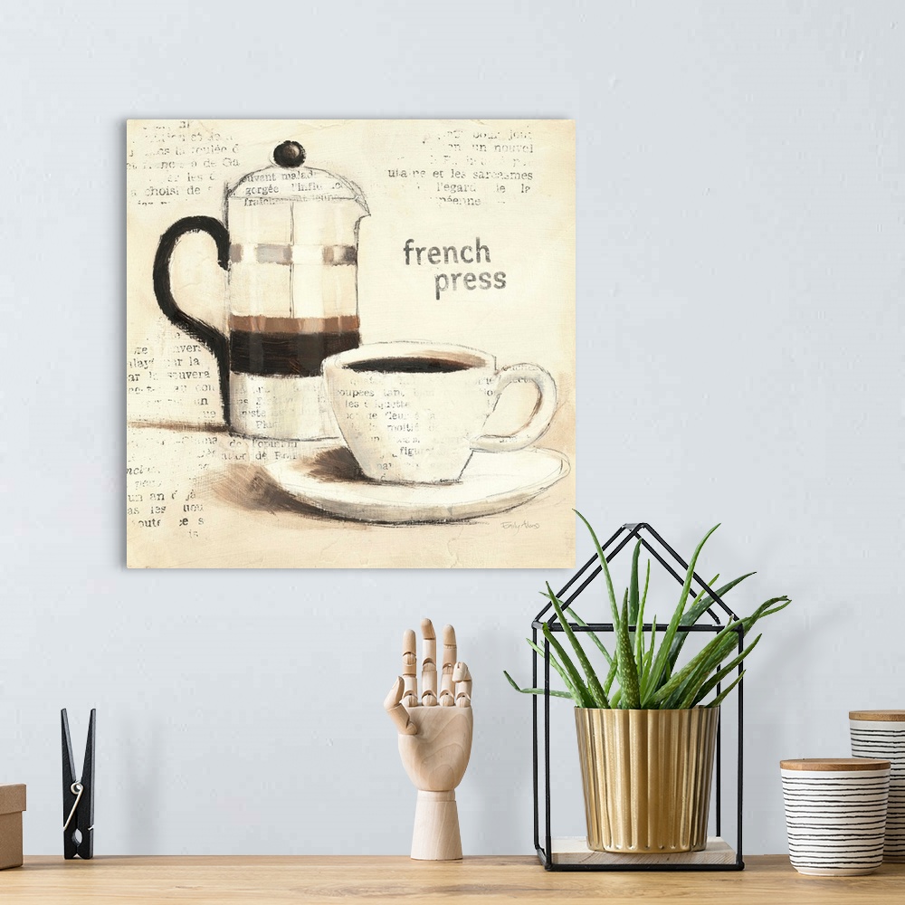 A bohemian room featuring A French press and cup of coffee are drawn onto a neutral background with pieces of text faded ov...