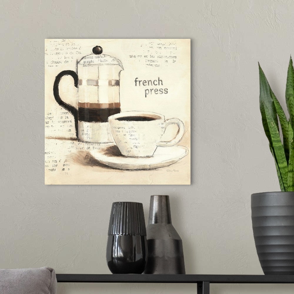 A modern room featuring A French press and cup of coffee are drawn onto a neutral background with pieces of text faded ov...