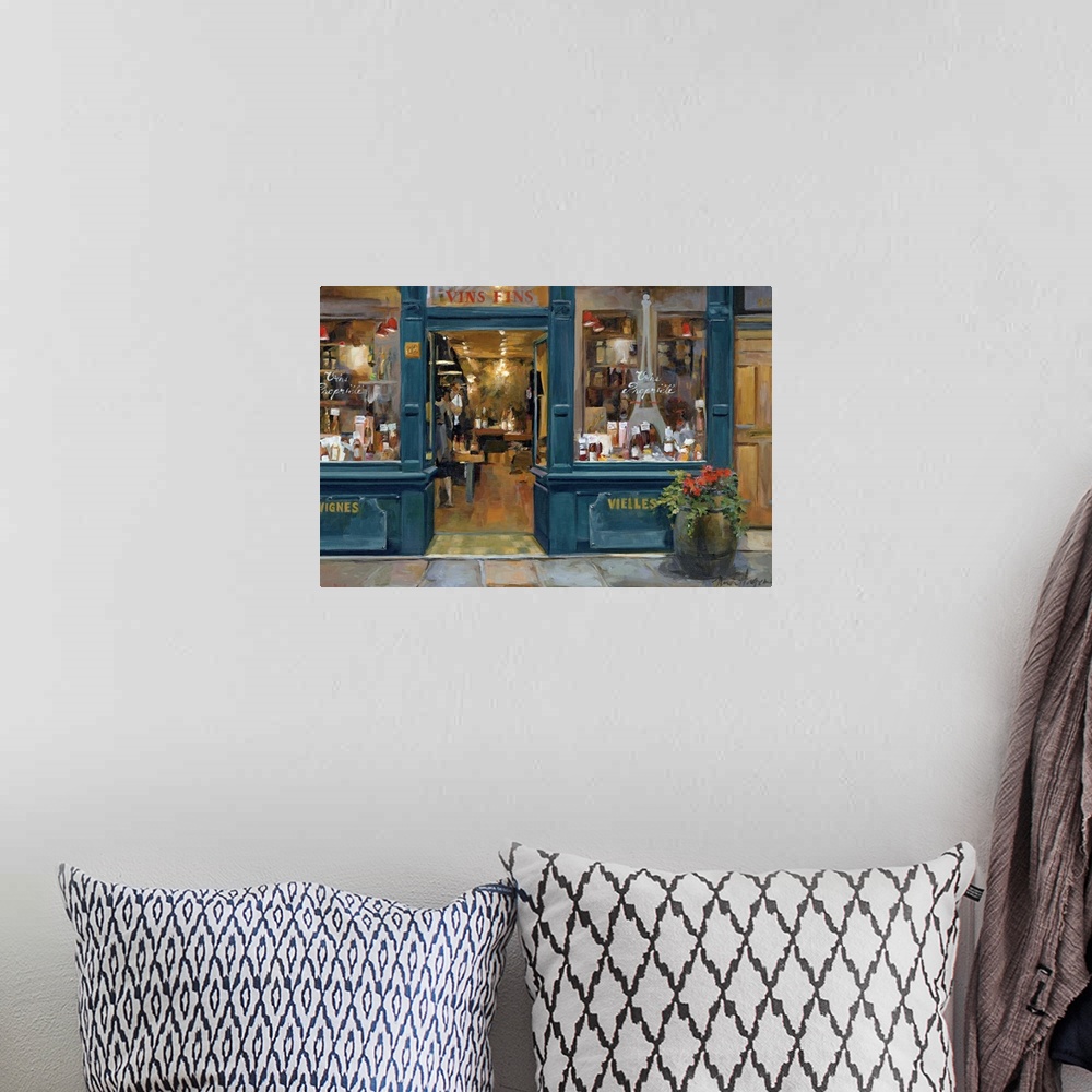 A bohemian room featuring This home docor painting for the living room or kitchen shows the interior of a shop as view from...