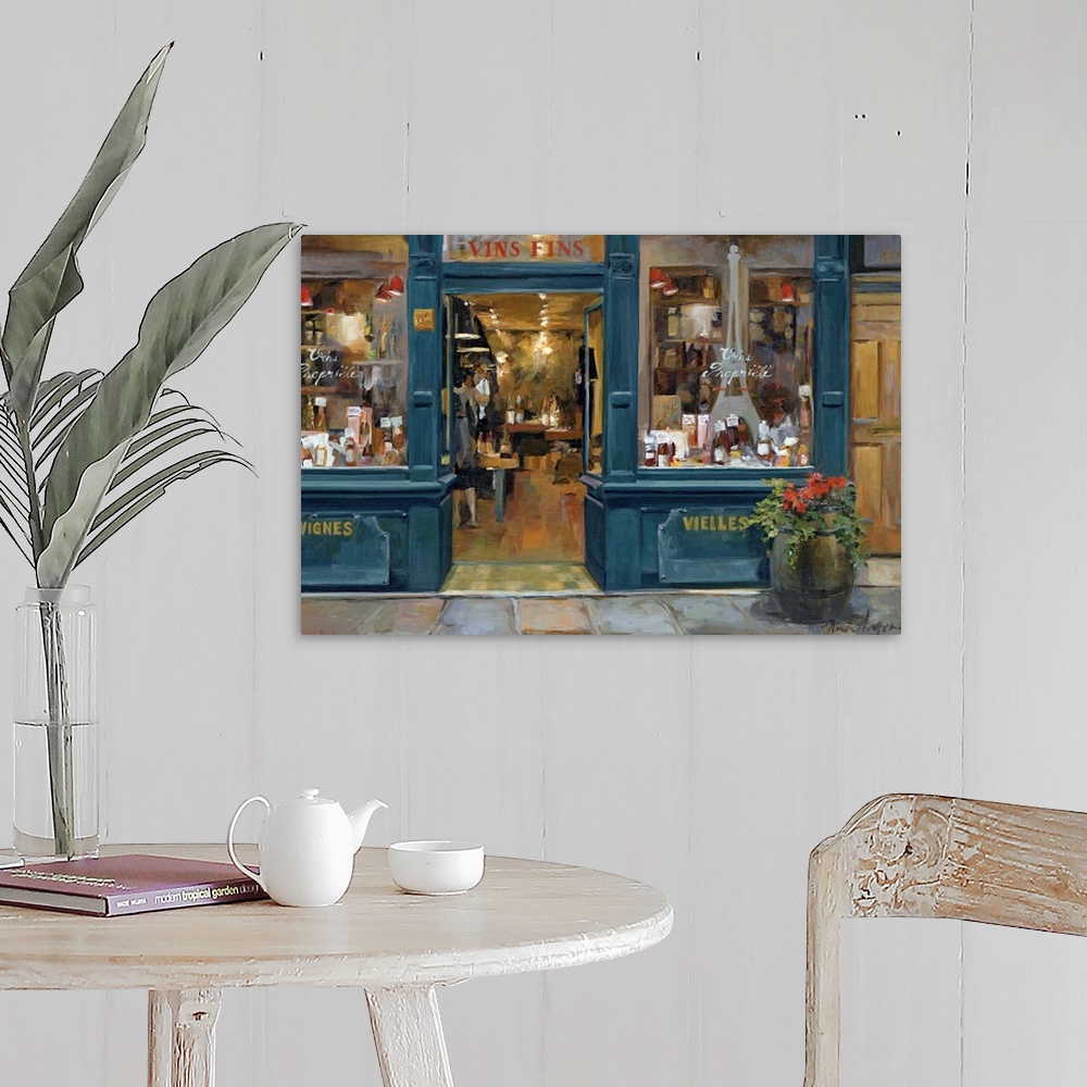 A farmhouse room featuring This home docor painting for the living room or kitchen shows the interior of a shop as view from...