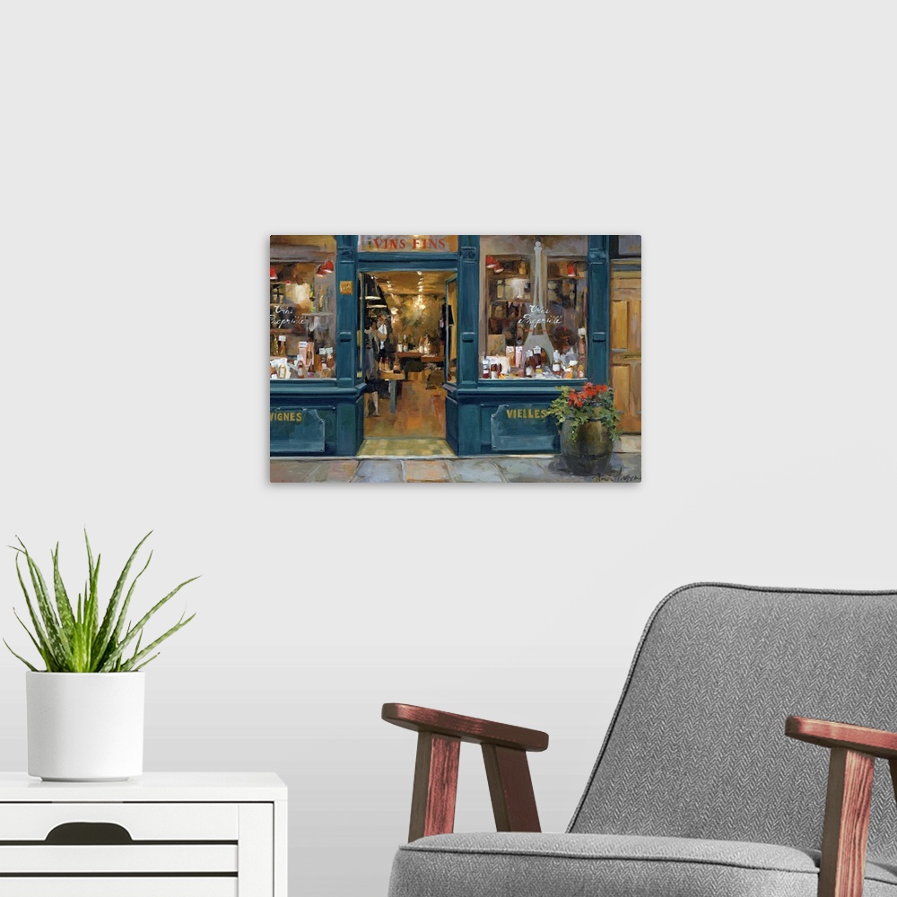 A modern room featuring This home docor painting for the living room or kitchen shows the interior of a shop as view from...