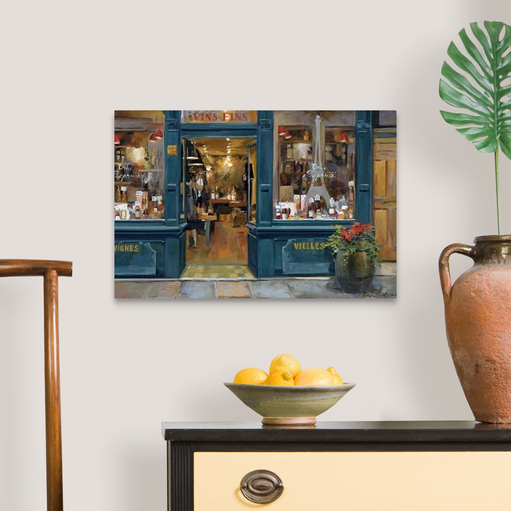 A traditional room featuring This home docor painting for the living room or kitchen shows the interior of a shop as view from...