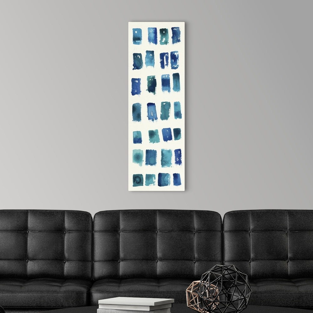 A modern room featuring Contemporary abstract home decor artwork of distressed turquoise green and blue shapes against a ...