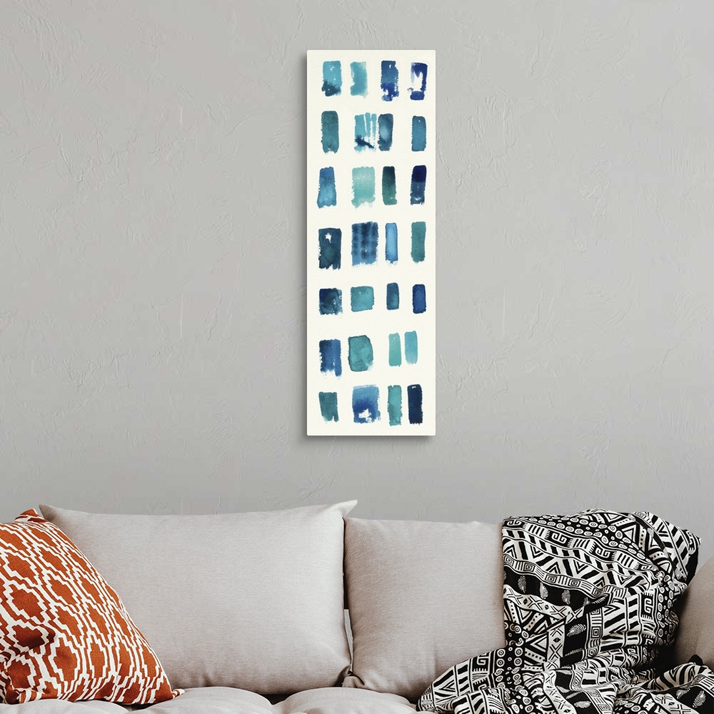 A bohemian room featuring Contemporary abstract home decor artwork of distressed turquoise green and blue shapes against a ...